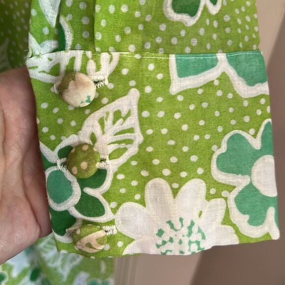 Vtg 60s Serbin of Florida Flower Power Green & White Button Front Maxi Dress - Picture 7 of 8